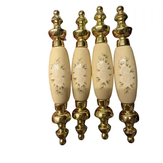 Photo of Set of 4 Vintage Floral Porcelain & Brass Drawer Pulls Cabinet Handles
