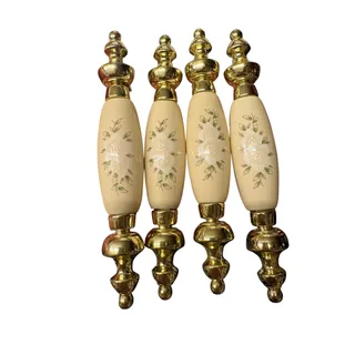 Photo of Set of 4 Vintage Floral Porcelain & Brass Drawer Pulls Cabinet Handles