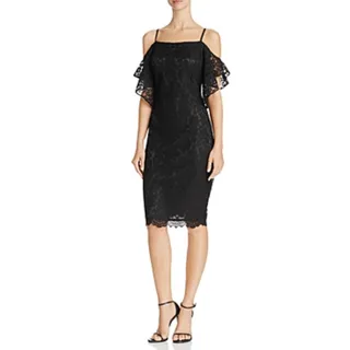 Photo of Laundry by Shelli Segal Black Cocktail Dress Lace Cut Out Shoulder Sheath Size 6