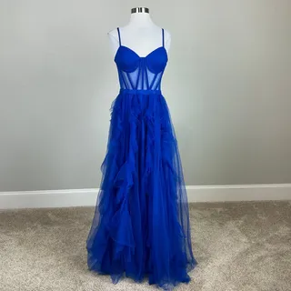 Photo of Blondie Nites Blue Evening Gown Tulle Ruffled Long A-Line Corset Dress Size 11
