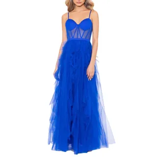 Photo of Blondie Nites Blue Evening Gown Tulle Ruffled Long A-Line Corset Dress Size 11