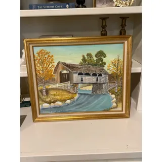 Photo of Vintage Original Oil Painting Covered Bridge Landscape Signed Clara Fitzgerald 1991