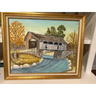 Photo of Vintage Original Oil Painting Covered Bridge Landscape Signed Clara Fitzgerald 1991