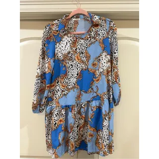 Photo of Blue Baroque Print Long Sleeve Tiered Dress small