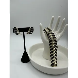 Photo of Vintage Gold Tone & Satin Black Enamel Link Bracelet 7" w/ Matching Earrings Set