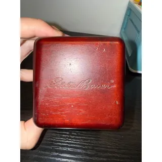 Photo of Vintage Eddie Bauer Small Wooden Box Dark Brown trinket Wood Green Felt Lined Faded