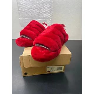Photo of NIB UGG Fluff Yeah Slide Red Women’s Size 5 Sheepskin Fur Slingback Sandals w/ Box