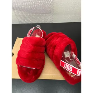 Photo of NIB UGG Fluff Yeah Slide Red Women’s Size 5 Sheepskin Fur Slingback Sandals w/ Box