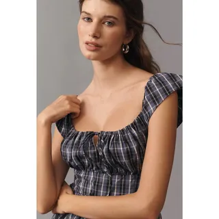 Photo of New By Anthropologie Flutter-Sleeve Square-Neck Midi Dress $168 SMALL Blue Plaid