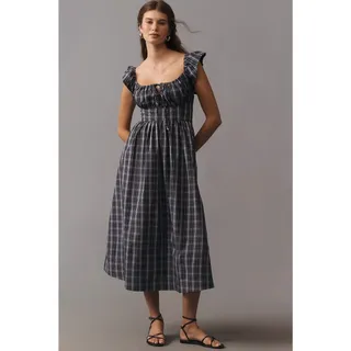 Photo of New By Anthropologie Flutter-Sleeve Square-Neck Midi Dress $168 SMALL Blue Plaid