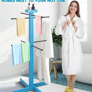 Photo of Outdoor Pool Towel Rack 53” Wood Stand 4 Adjustable Bars Blue Open Box