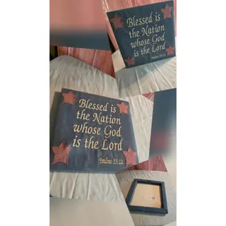 Photo of Primitive Farmhouse Stitched Psalm 33:12 Fabric Canvas Sign - Patriotic Decor