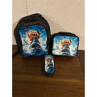 Photo of Cat Riding Shark 3 Piece Backpack Set School Bag Lunch Bag Pencil Case Black