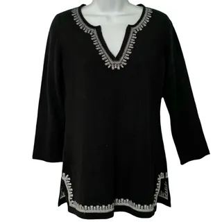 Photo of Tommy Bahama Black Cashmere White Pineapple Embroidered Tunic Sweater size XS