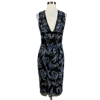Photo of Aidan Mattox Black and Blue Cocktail Dress Beaded V-Neck Midi Sheath Size 10