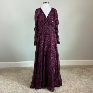 Photo of Mac Duggal 20353 Purple Evening Gown Sequined Lace Long Sleeve Dress Size 12