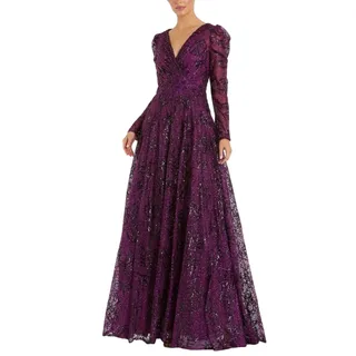 Photo of Mac Duggal 20353 Purple Evening Gown Sequined Lace Long Sleeve Dress Size 12