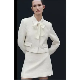 Photo of ZARA FW 2025 Bow Trim Textured Tweed 2465/122 Cropped Blazer Ecru Cream Medium 6 8 NWT