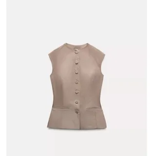 Photo of ZARA 4661/103 BUTTONED PLAID TOP KHAKI SLEEVELESS VEST MEDIUM 6 8 EUC