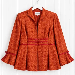 Photo of Lily & Taylor Jacket Womens 14 Orange Jacquard Bell Sleeve Ribbon Made USA