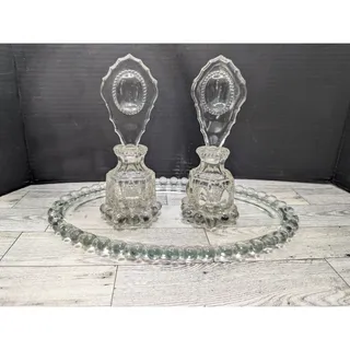 Photo of Vintage Perfume Bottles by LE Smith 7" with Clear Oval Stopper & Vanity Tray