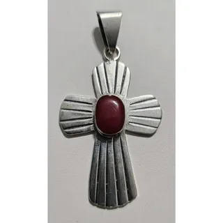 Photo of Vintage Chunky Sterling Silver Cross Pendant Red Jasper Stone, 925 Silver Cross