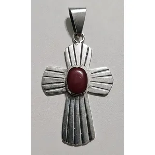 Photo of Vintage Chunky Sterling Silver Cross Pendant Red Jasper Stone, 925 Silver Cross