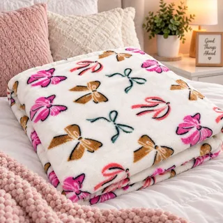 Photo of Super soft and cozy plush fleece blanket featuring an adorable all-over bow