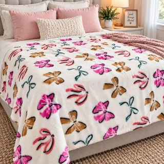 Photo of Super soft and cozy plush fleece blanket featuring an adorable all-over bow