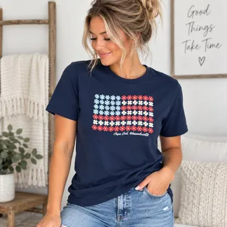 Photo of Reserve 84 Cape Cod Massachusetts Floral American Flag Navy T-Shirt SIZE MEDIUM