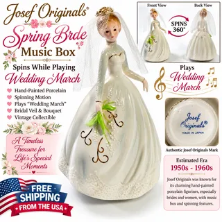 Photo of Josef Originals Spring Bride Music Box Motion Spins Wedding March Veil, Vintage