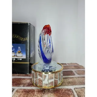 Photo of Vintage Lighted Spinning Hand Blown Art Glass Cobalt Blue Music Box Hen Rooster