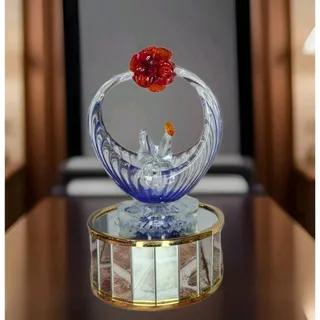 Photo of Vintage Lighted Spinning Hand Blown Art Glass Cobalt Blue Music Box Hen Rooster