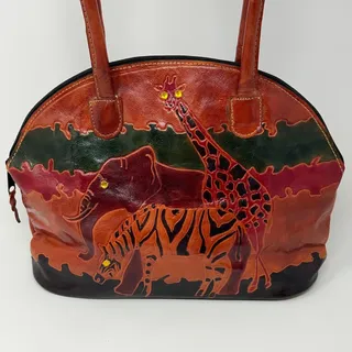 Photo of Vintage 90s Tooled Hand Painted Leather Safari Handbag Giraffe Elephant Zebra