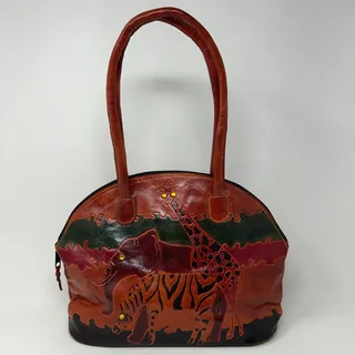 Photo of Vintage 90s Tooled Hand Painted Leather Safari Handbag Giraffe Elephant Zebra