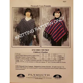 Photo of NWT Plymouth Yarn Company P227 Encore Chunky Children's Ponchos Knitting Pattern
