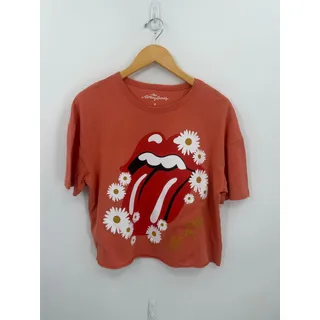 Photo of Rolling Stones Daisy Tongue Graphic Crop Tee Coral Floral Rock Band Shirt Medium