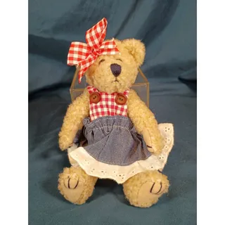 Photo of Vintage T.C. Dawson Fiesta Mamma Teddy Bear 6" Gingham Denim Dress Jointed