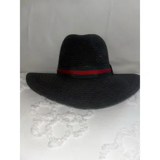 Photo of Black Sunhat With Wide Brim And Green And Red Accent Band. Dressy Or Casual.