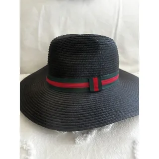 Photo of Black Sunhat With Wide Brim And Green And Red Accent Band. Dressy Or Casual.
