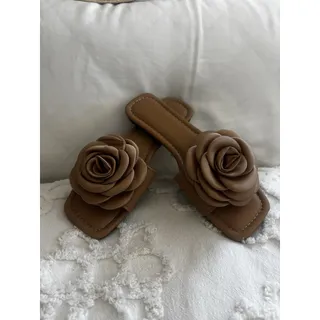 Photo of Adorable Tan Slides with Satin Rose Bow. Sz 42. Dress Up Any Outfit With These!