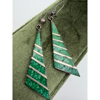Photo of vintage made in Mexico dangle earrings crushed green malachite stone chip inlay