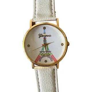 Photo of Paris Eiffel Tower White Vegan Leather Gold Tone Buckle Strap Analog Watch MINT