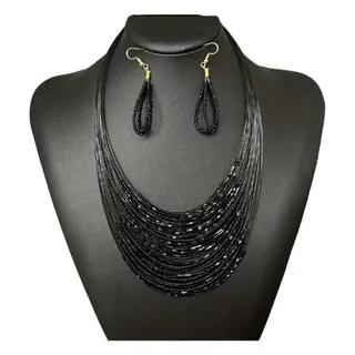 Photo of Multi Strand Glass Beaded Black Necklace & Earrings Sexy