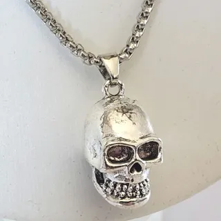 Photo of Skull Pendant Necklace Silver Tone Metal Goth Punk Death