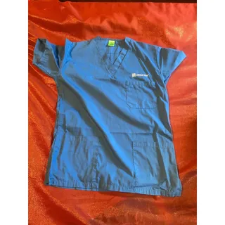 Photo of Fashion Seal Healthcare Scrub Top Unisex XS Blue V-Neck Lincoln Tech Logo Pocket