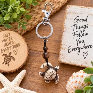 Photo of Sea Turtle Keychain with Beaded Charm & Silver Lobster Clasp – Beachy Boho