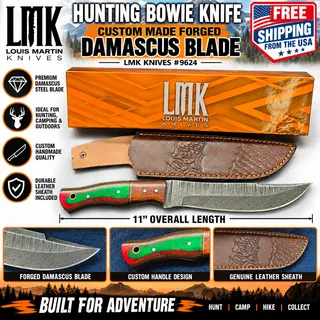 Photo of LMK 11" Hunting Bowie Knife Custom Handmade Forged Damascus Steel Blade #9624