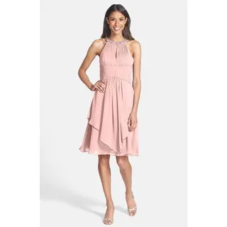 Photo of Eliza J Embellished Neck Layered Chiffon Fit Flare Dress Size 12 NWT