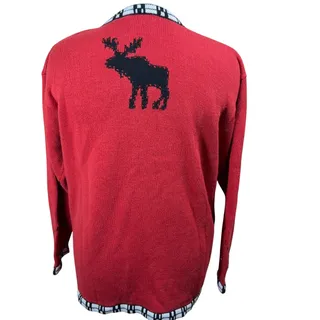 Photo of Storybook Knits Cardigan Sweater Womens 1X Vtg Winter Lodge Red Moose Bear Plaid